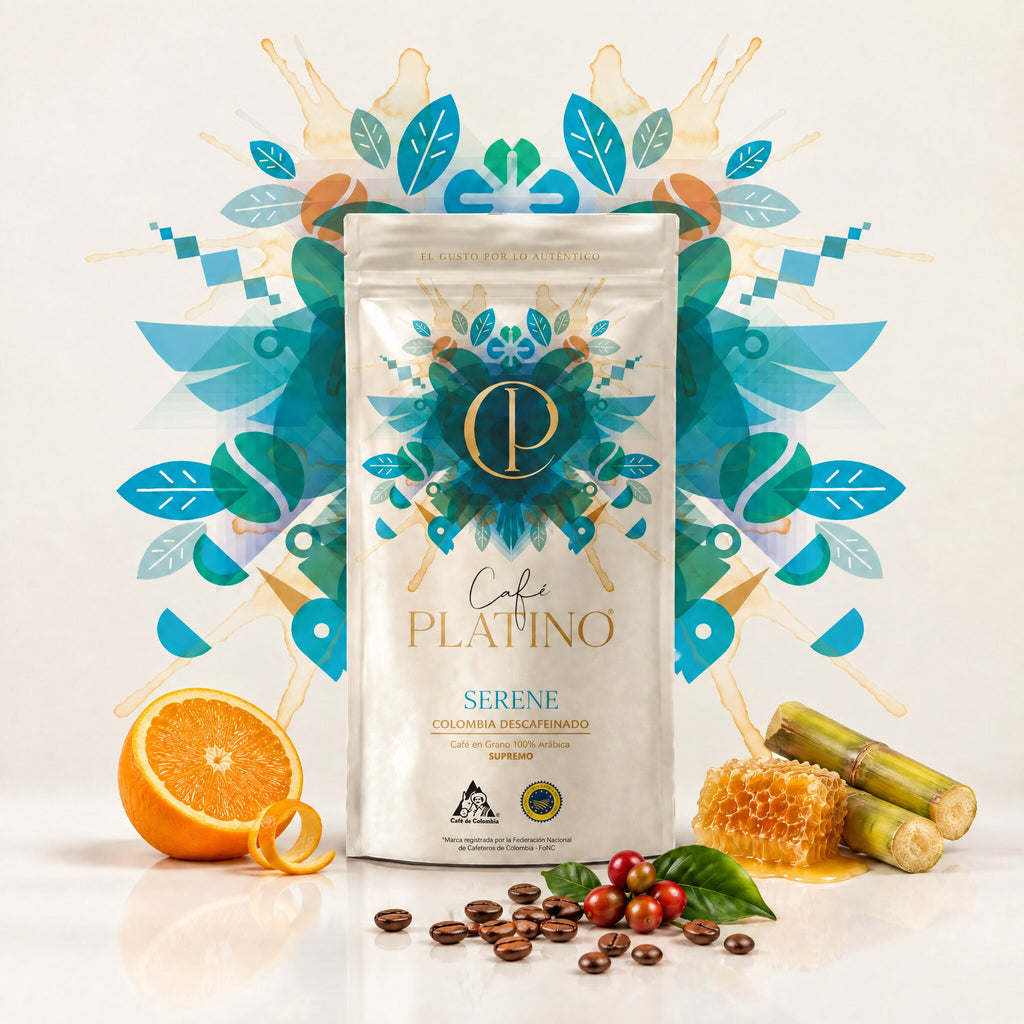 Café Platino SERENE, café de Colombia descafeinado Supremo 250 g