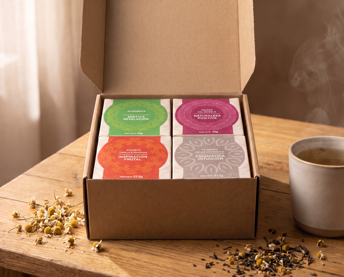 Pack 4 infusiones y tés VIVEZA abierto sobre una mesa de madera junto a una taza de infusión